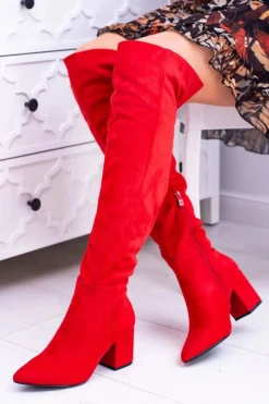 Czerwone Damskie Kozaki Zamszowe Za Kolano Feluni