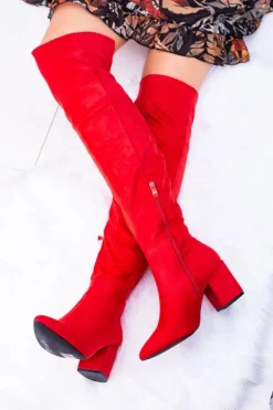 Czerwone Damskie Kozaki Zamszowe Za Kolano Feluni