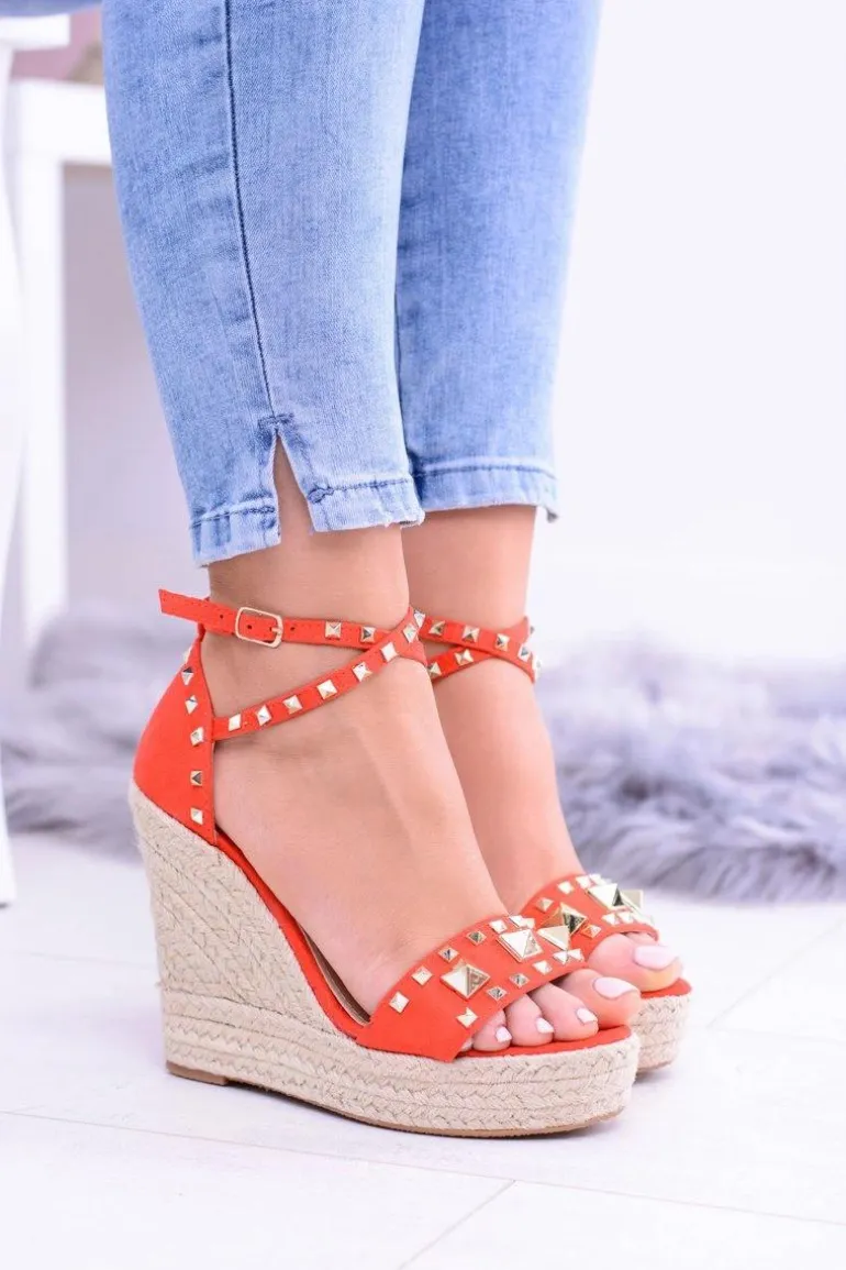 Czerwone Sandały Na Koturnie Espadryl Ćwieki Dżety Narumi