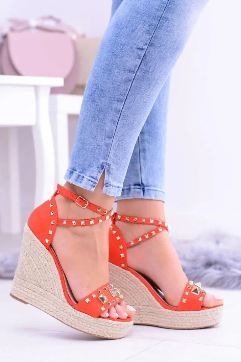 Czerwone Sandały Na Koturnie Espadryl Ćwieki Dżety Narumi