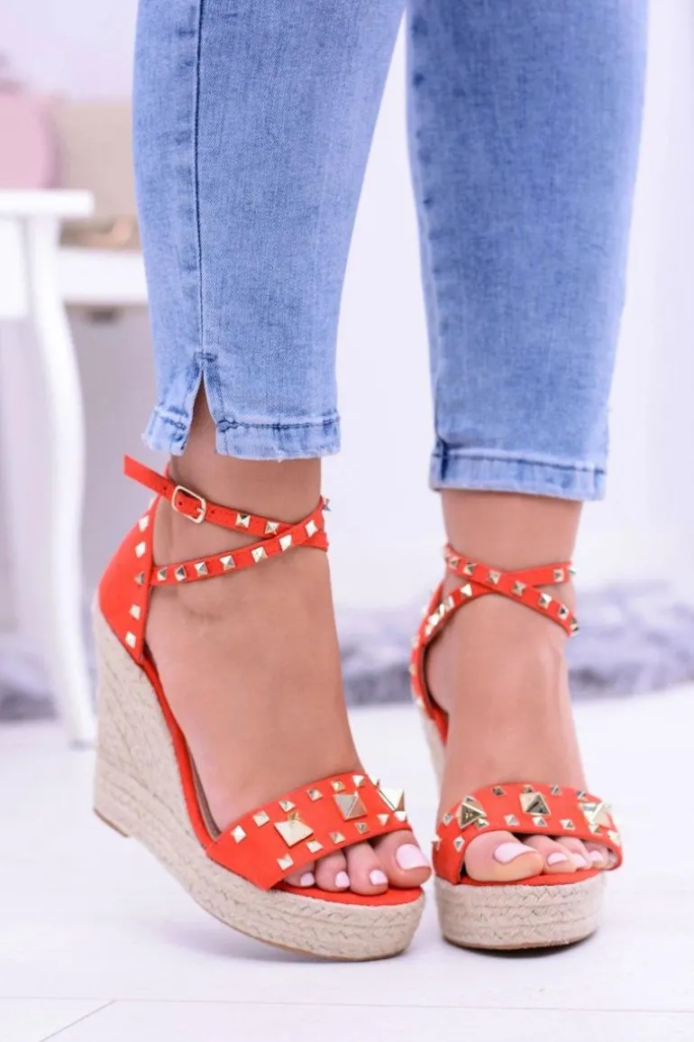 Czerwone Sandały Na Koturnie Espadryl Ćwieki Dżety Narumi