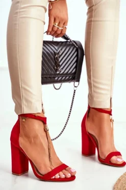 Czerwone Zamszowe Sandałki na Słupku z Frędzlem Annick