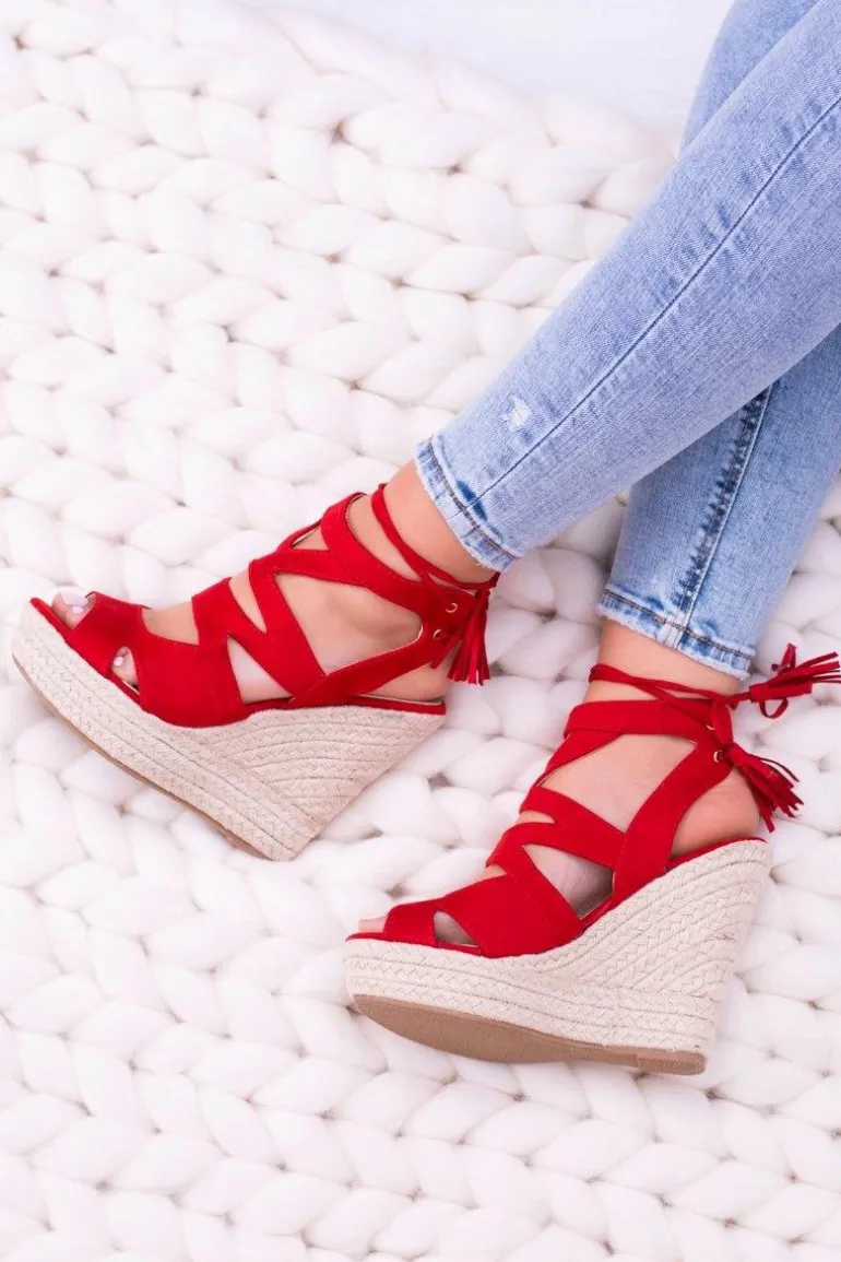 Czerwone Zamszowe Sandały Na Koturnie Nowelio