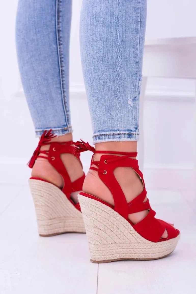 Czerwone Zamszowe Sandały Na Koturnie Nowelio