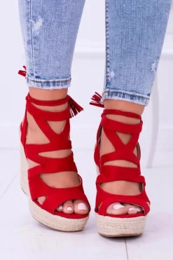 Czerwone Zamszowe Sandały Na Koturnie Nowelio