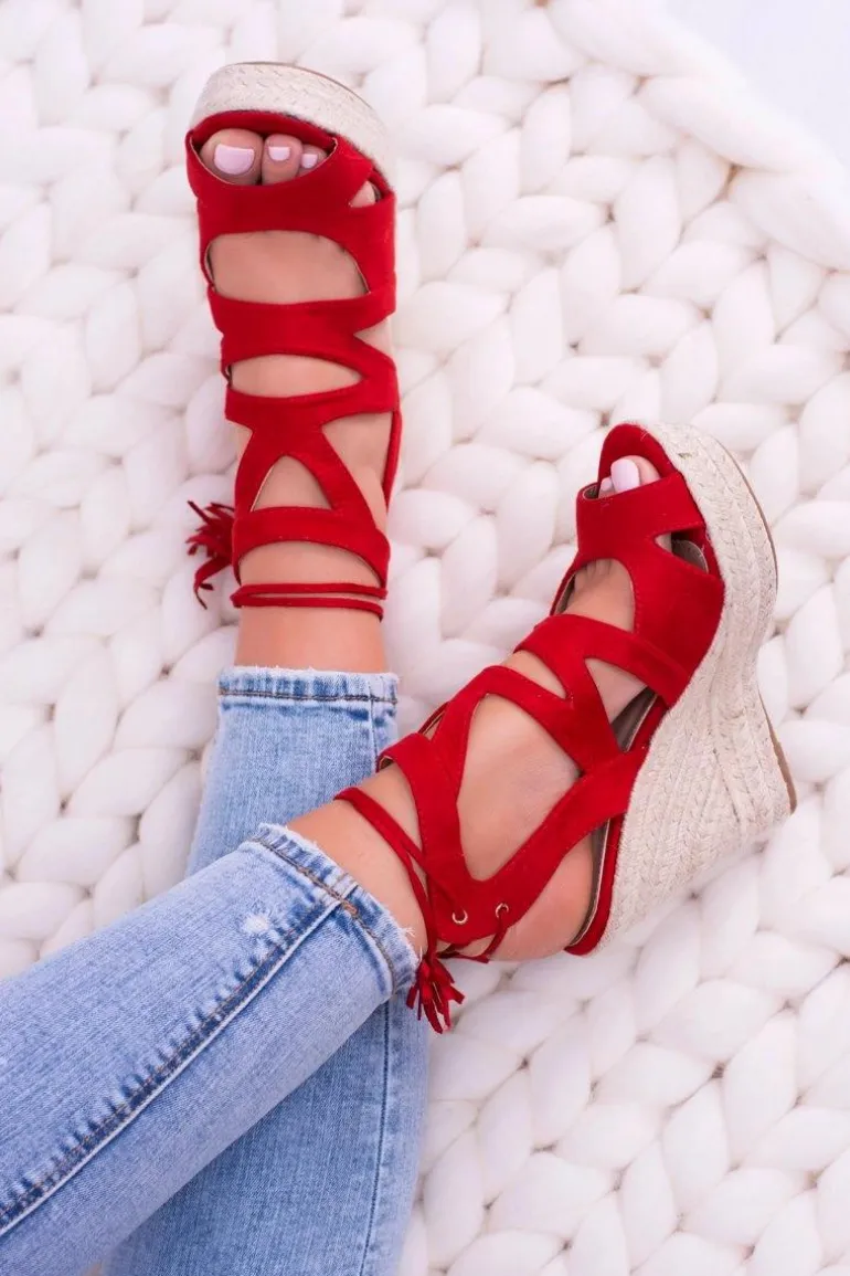 Czerwone Zamszowe Sandały Na Koturnie Nowelio