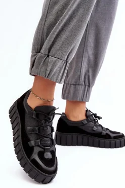 Damskie Skórzane Buty Sportowe Na Platformie M01/1 Zazoo Czarne