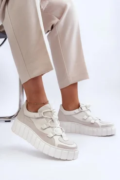 Damskie Skórzane Buty Sportowe Na Platformie M01/1 Zazoo Jasnobeżowe