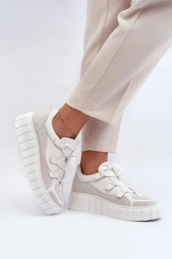 Damskie Skórzane Buty Sportowe Na Platformie M01/1 Zazoo Jasnobeżowe