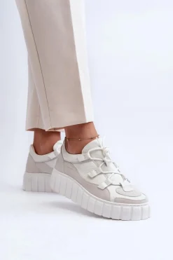 Damskie Skórzane Buty Sportowe Na Platformie M01/1 Zazoo Jasnobeżowe