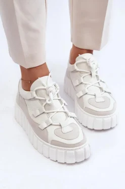 Damskie Skórzane Buty Sportowe Na Platformie M01/1 Zazoo Jasnobeżowe