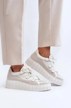 Damskie Skórzane Buty Sportowe Na Platformie M01/1 Zazoo Jasnobeżowe