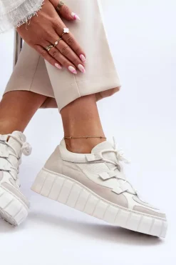 Damskie Skórzane Buty Sportowe Na Platformie M01/1 Zazoo Jasnobeżowe