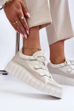 Damskie Skórzane Buty Sportowe Na Platformie M01/1 Zazoo Jasnobeżowe