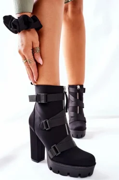 Damskie Aksamitne Botki Na Słupku Czarne Hurry Up