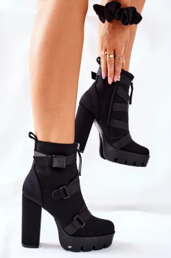 Damskie Aksamitne Botki Na Słupku Czarne Hurry Up