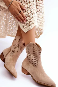 Damskie Ażurowe Botki Kowbojki Beżowe Reeds