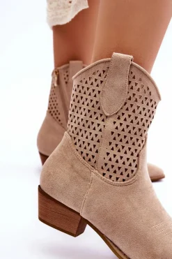 Damskie Ażurowe Botki Kowbojki Beżowe Reeds
