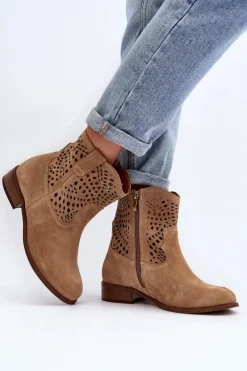 Damskie Ażurowe Botki Lewski Shoes 3305/2 Beżowe