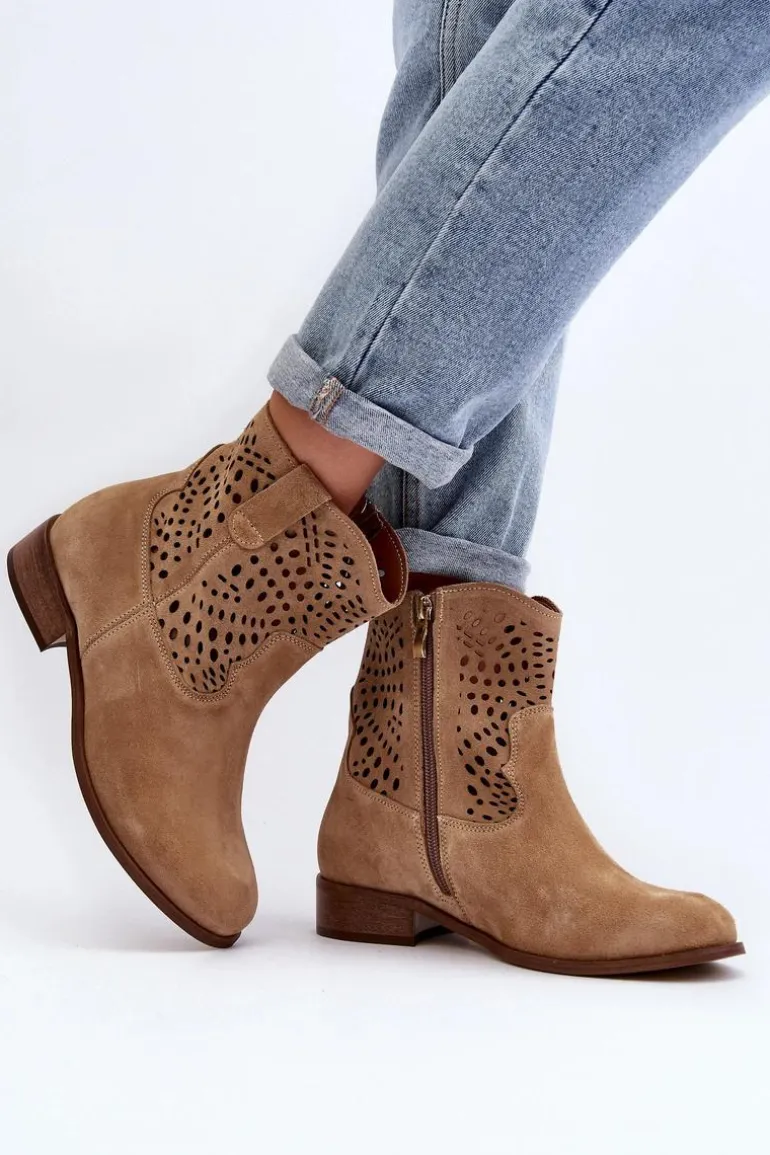 Damskie Ażurowe Botki Lewski Shoes 3305/2 Beżowe