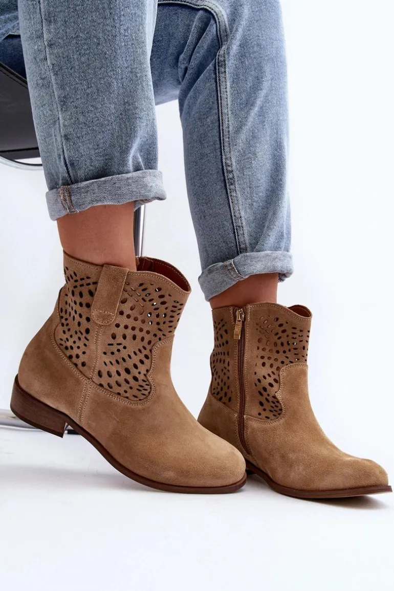 Damskie Ażurowe Botki Lewski Shoes 3305/2 Beżowe