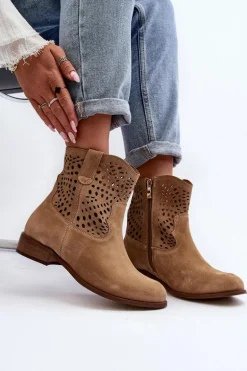 Damskie Ażurowe Botki Lewski Shoes 3305/2 Beżowe