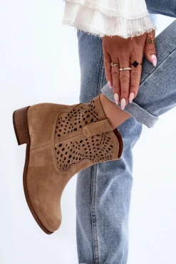 Damskie Ażurowe Botki Lewski Shoes 3305/2 Beżowe
