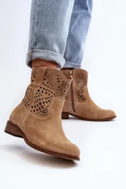 Damskie Ażurowe Botki Lewski Shoes 3305/2 Beżowe