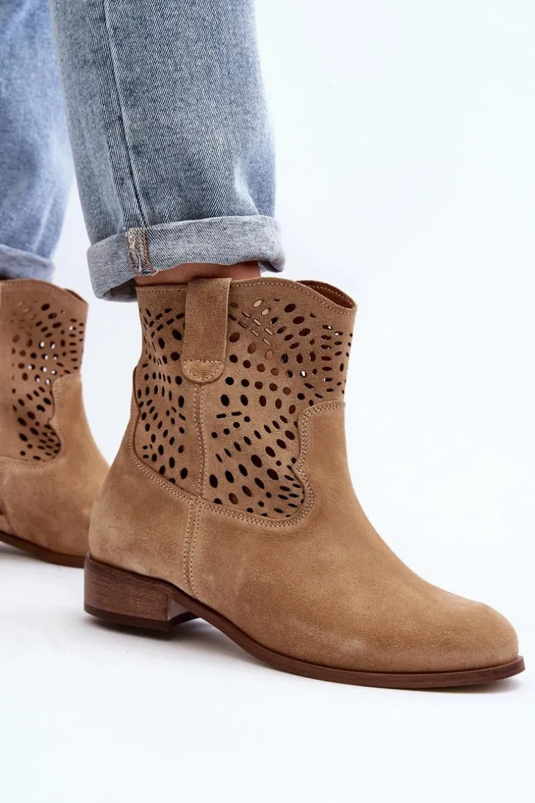 Damskie Ażurowe Botki Lewski Shoes 3305/2 Beżowe