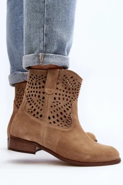 Damskie Ażurowe Botki Lewski Shoes 3305/2 Beżowe