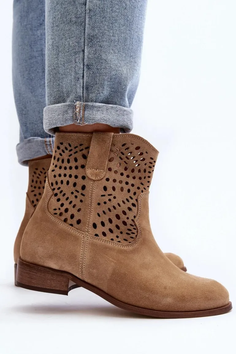 Damskie Ażurowe Botki Lewski Shoes 3305/2 Beżowe