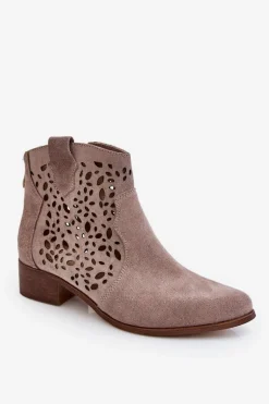 Damskie Ażurowe Botki Lewski Shoes 2909 Jasnobrązowe