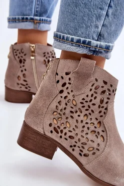 Damskie Ażurowe Botki Lewski Shoes 2909 Jasnobrązowe