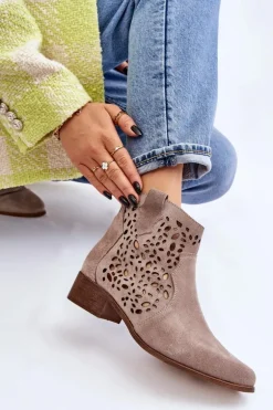 Damskie Ażurowe Botki Lewski Shoes 2909 Jasnobrązowe
