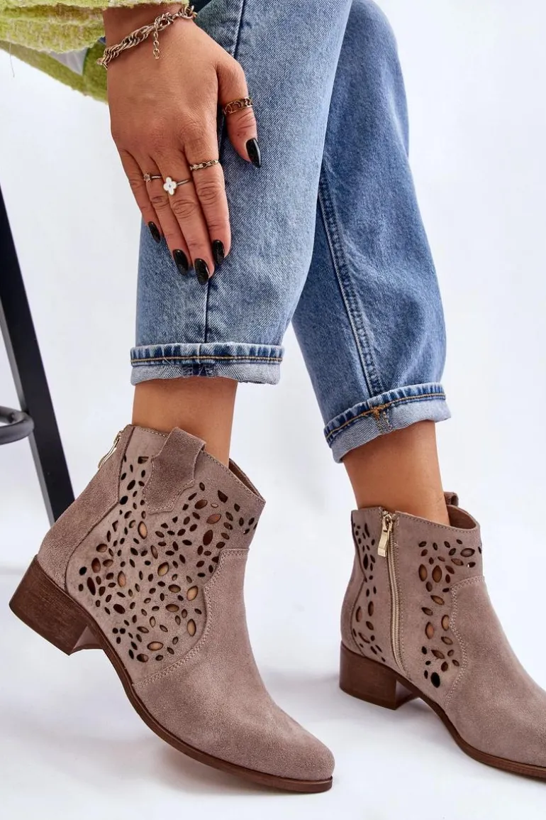 Damskie Ażurowe Botki Lewski Shoes 2909 Jasnobrązowe