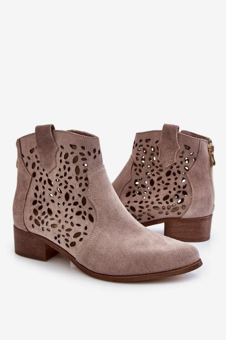 Damskie Ażurowe Botki Lewski Shoes 2909 Jasnobrązowe