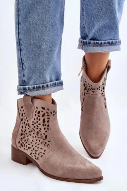 Damskie Ażurowe Botki Lewski Shoes 2909 Jasnobrązowe