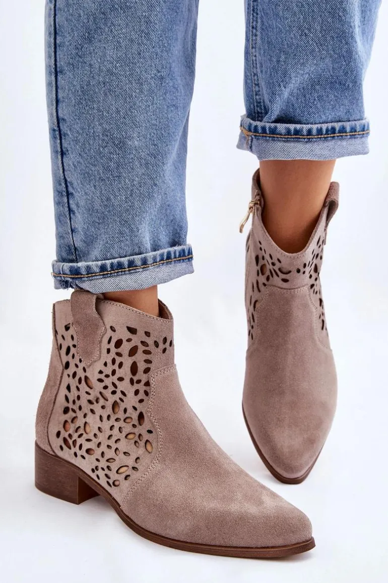 Damskie Ażurowe Botki Lewski Shoes 2909 Jasnobrązowe