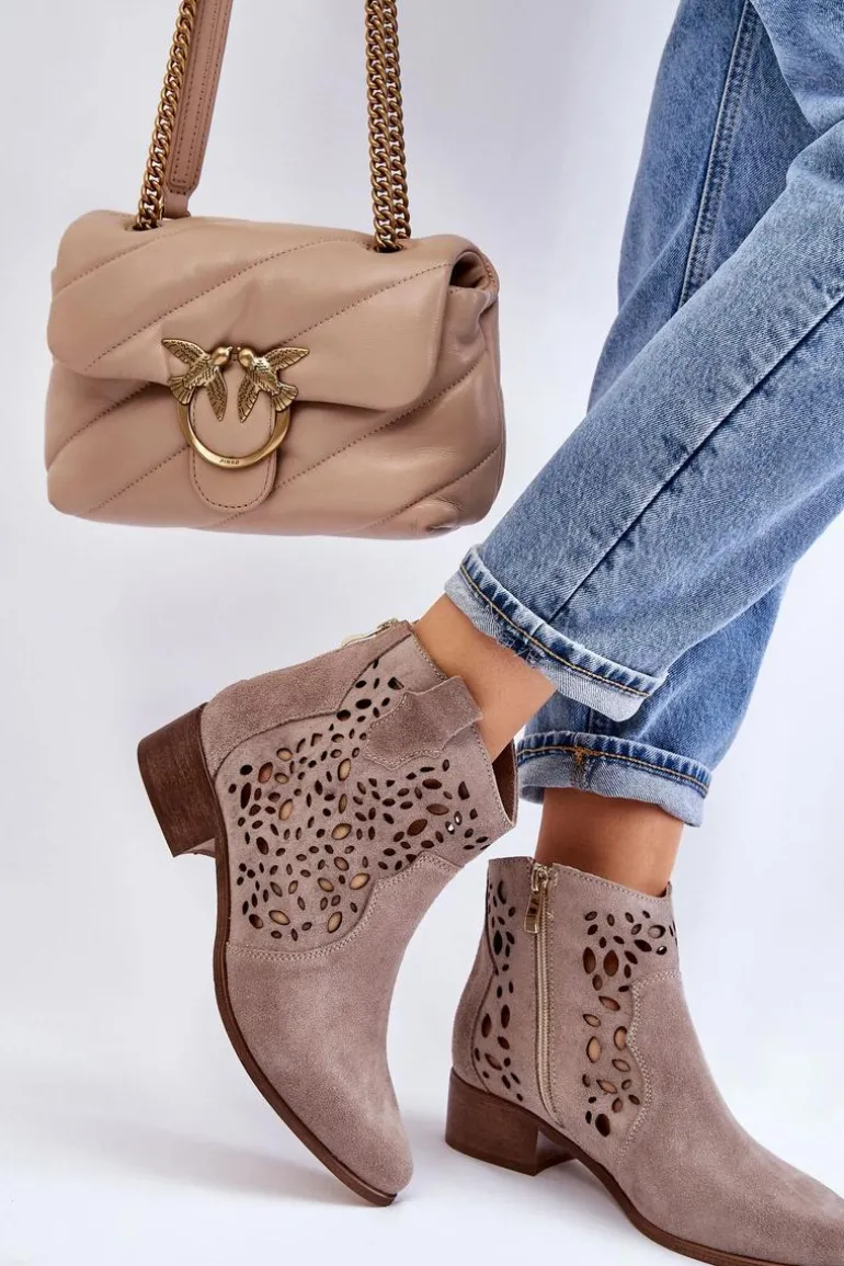 Damskie Ażurowe Botki Lewski Shoes 2909 Jasnobrązowe