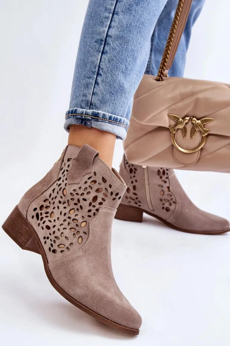 Damskie Ażurowe Botki Lewski Shoes 2909 Jasnobrązowe