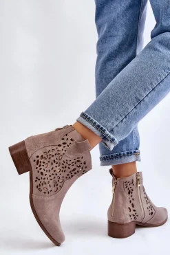 Damskie Ażurowe Botki Lewski Shoes 2909 Jasnobrązowe