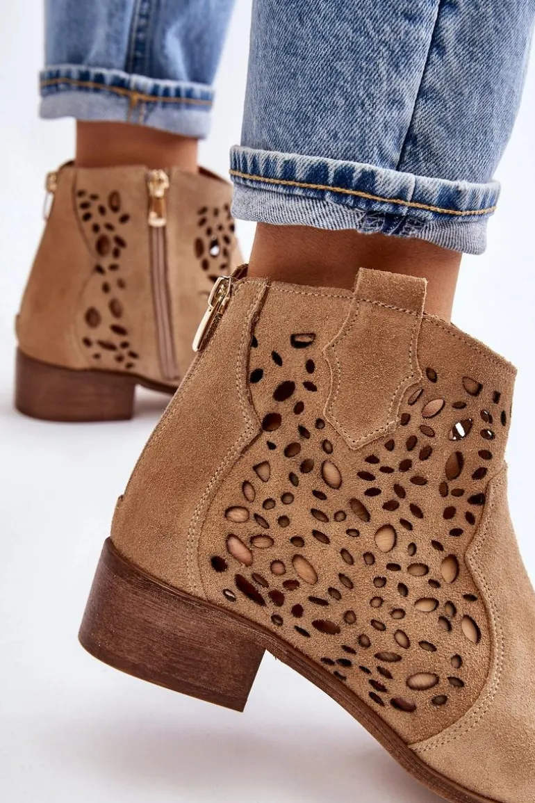 Damskie Ażurowe Botki Lewski Shoes 2909 Ciemnobeżowe