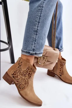 Damskie Ażurowe Botki Lewski Shoes 2909 Ciemnobeżowe