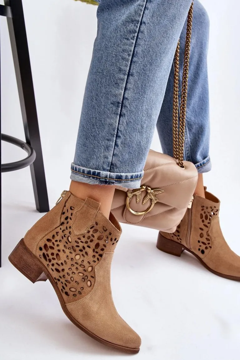 Damskie Ażurowe Botki Lewski Shoes 2909 Ciemnobeżowe