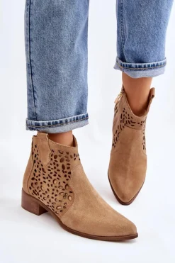 Damskie Ażurowe Botki Lewski Shoes 2909 Ciemnobeżowe
