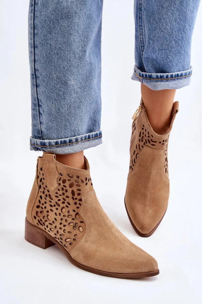 Damskie Ażurowe Botki Lewski Shoes 2909 Ciemnobeżowe