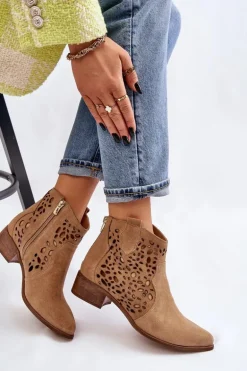 Damskie Ażurowe Botki Lewski Shoes 2909 Ciemnobeżowe