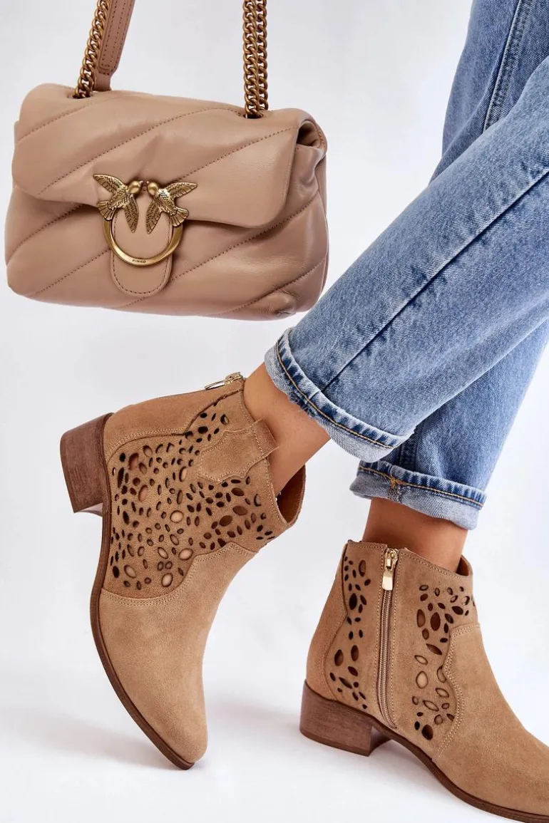 Damskie Ażurowe Botki Lewski Shoes 2909 Ciemnobeżowe