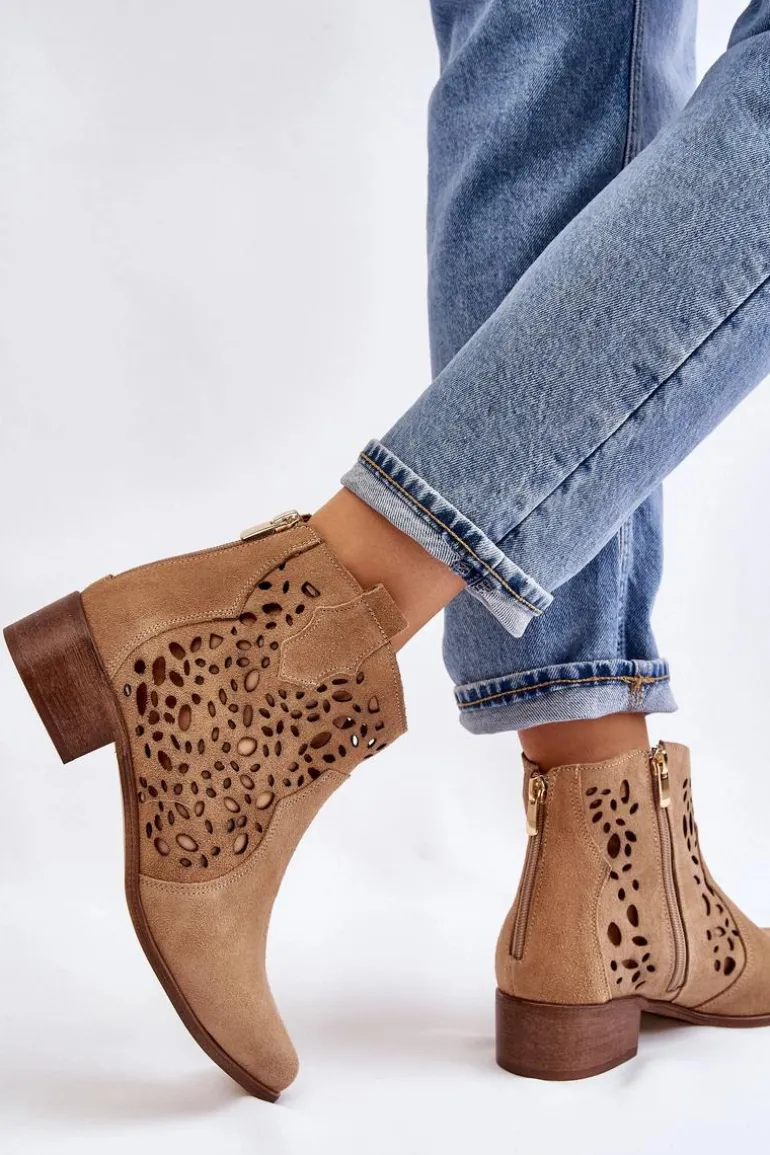 Damskie Ażurowe Botki Lewski Shoes 2909 Ciemnobeżowe