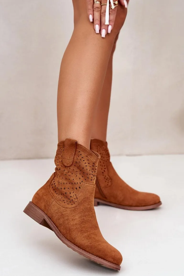 Damskie Ażurowe Botki Na Płaskim Obcasie Camel S.Barski HY42-135